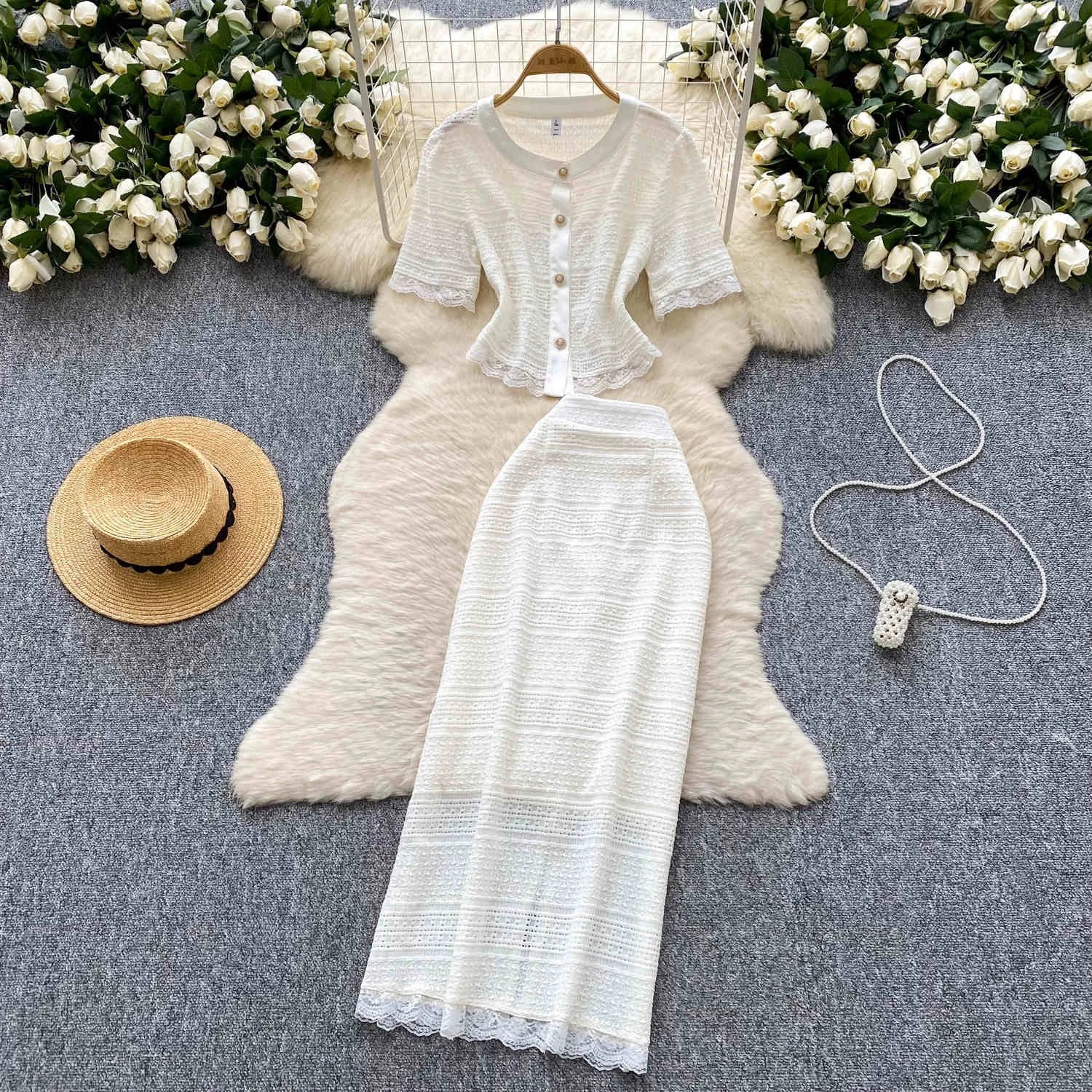 Mesh Lace Short Sleeve Shirt High Waist Slim A-Line Long Dress 2 Piece Set