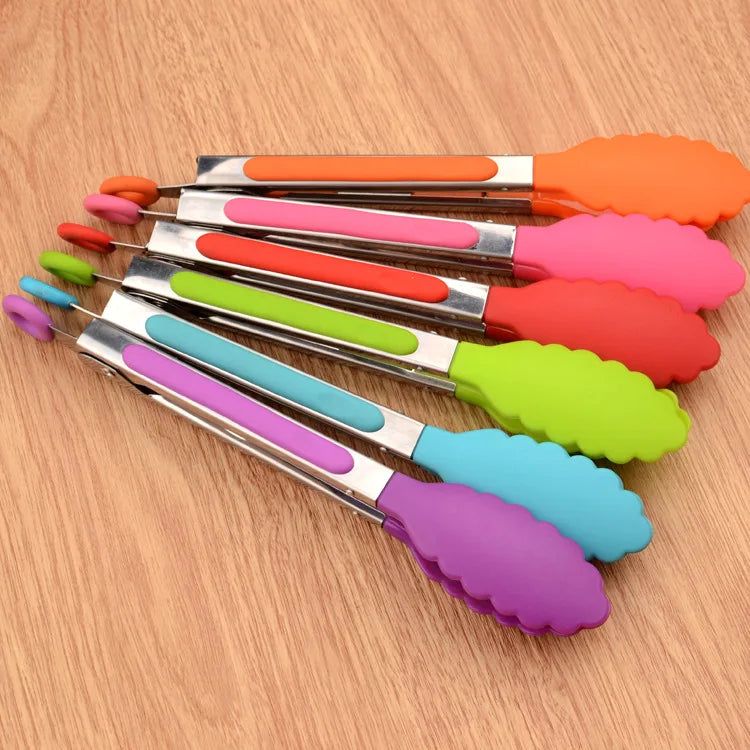 8 Inch Eco-Friendly Stainless Steel Handle BBQ Tongs Food Grade Cooking Tools Silicone Kitchen Gadgets Safe 1Pcs Home Kitchen