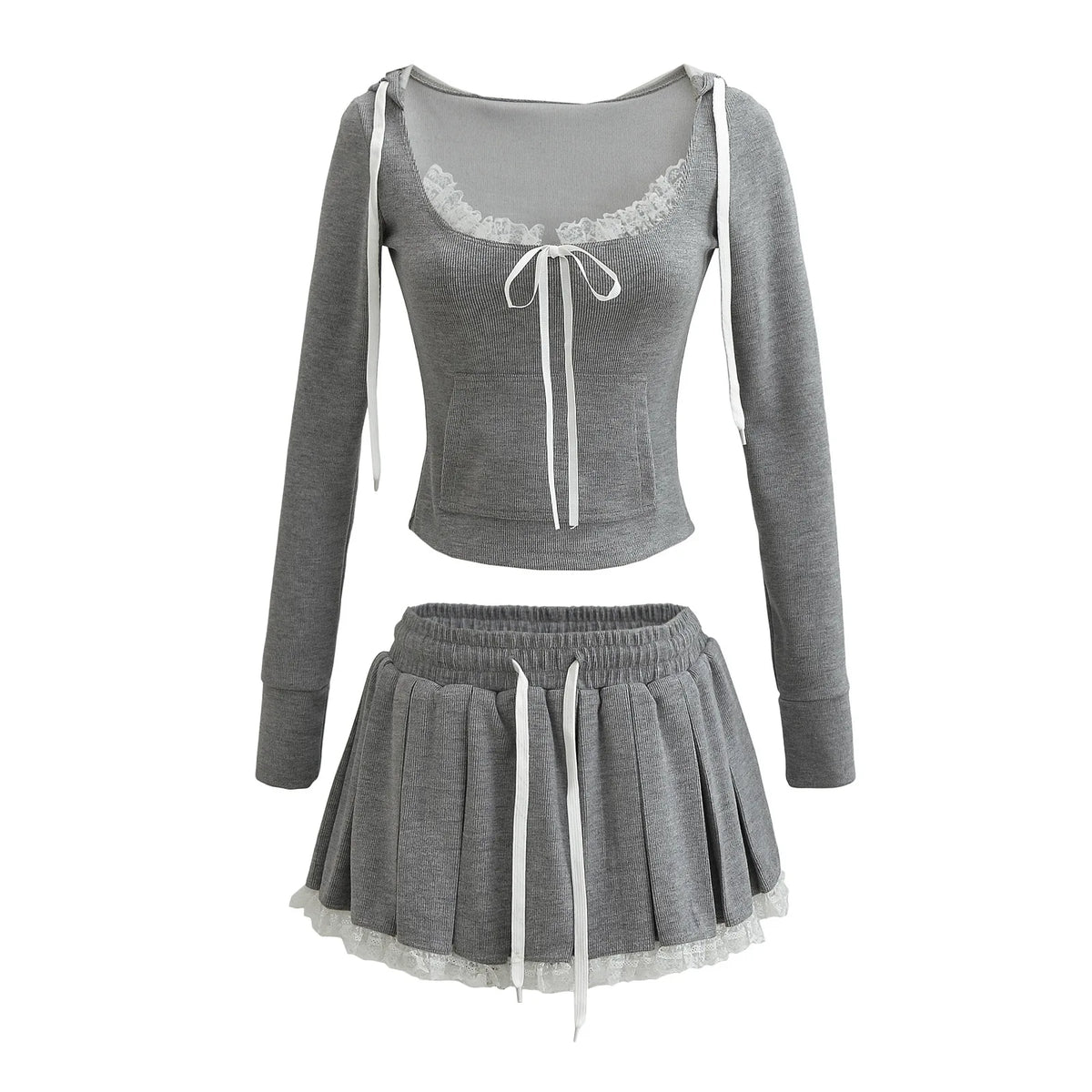 Guangzhou Auyan New Korean Lace Patchwork Slim-fit Hooded Top + Elastic Waist Pleated Skirt Pants MegaBDM
