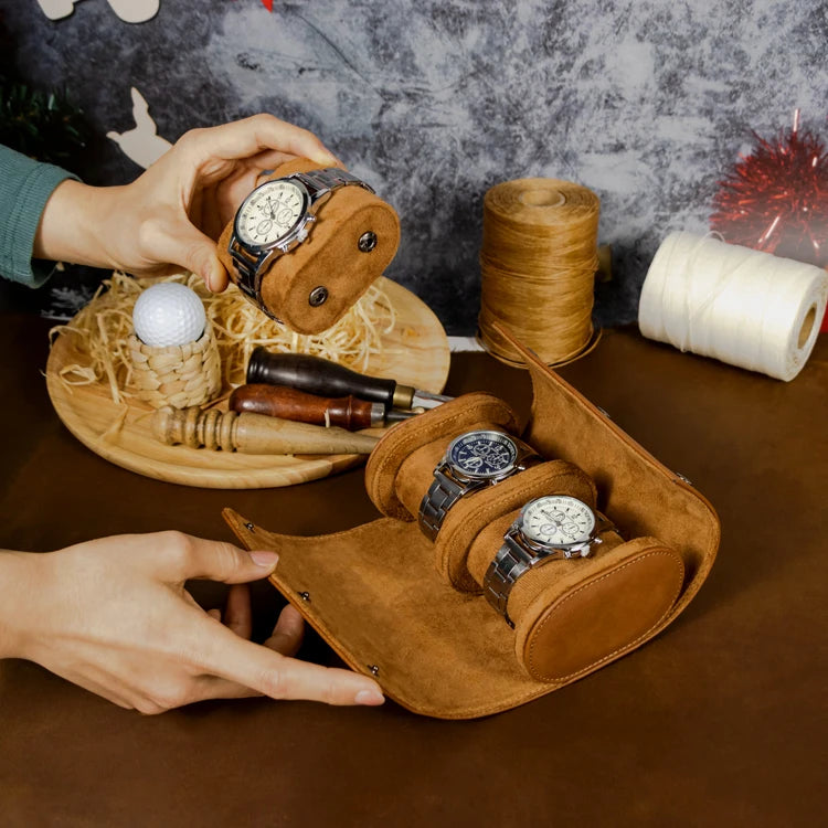 Personalized Leather Crafts 1/2/3 Slots Portable Leather Watch Roll Storage Laserable Leatherette Travel Watch Case for Gift