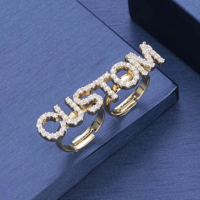 Hip Hop Jewelry Iced Out customized name Adjustable ring Zircon Stone letter women 2 Finger ring