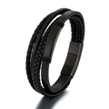 Minimalist Mens All Black MultiLayer Leather Bracelet with Stainless Steel Magnetic Clasp Male Leather Bracelet