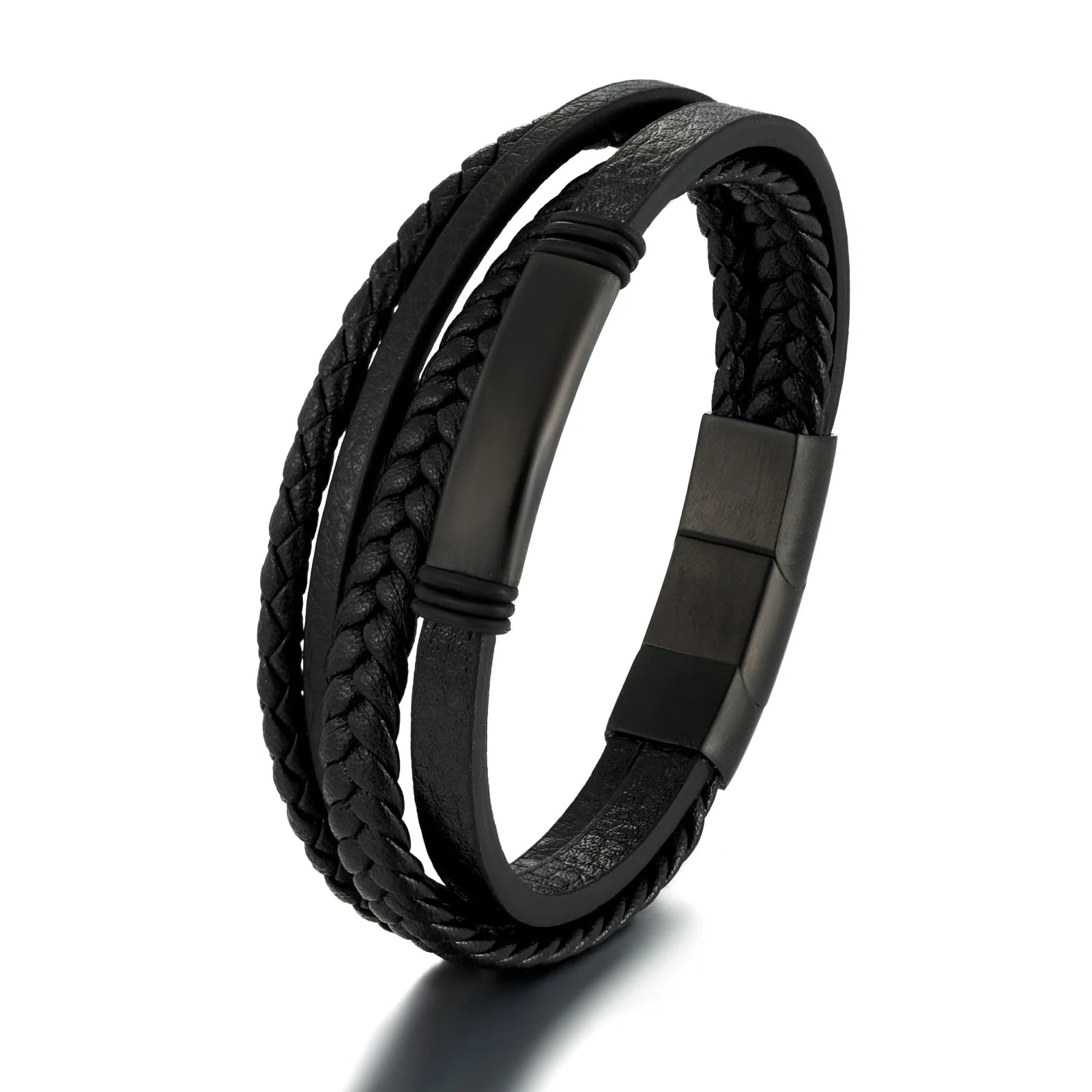 Minimalist Mens All Black MultiLayer Leather Bracelet with Stainless Steel Magnetic Clasp Male Leather Bracelet