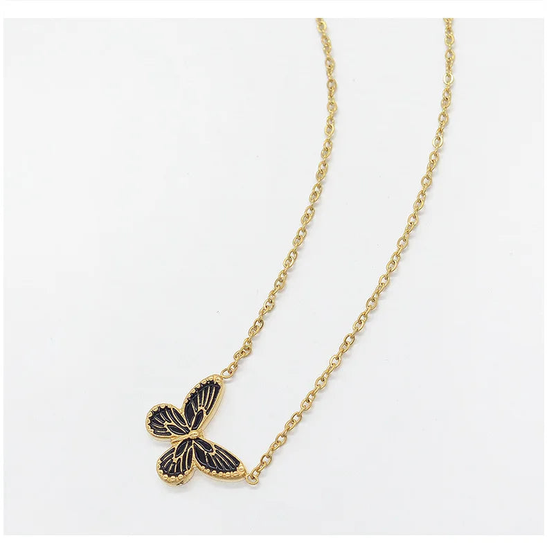 New Women Jewelry Stainless Steel Antique Black Resin Butterfly Pendant Choker Necklace