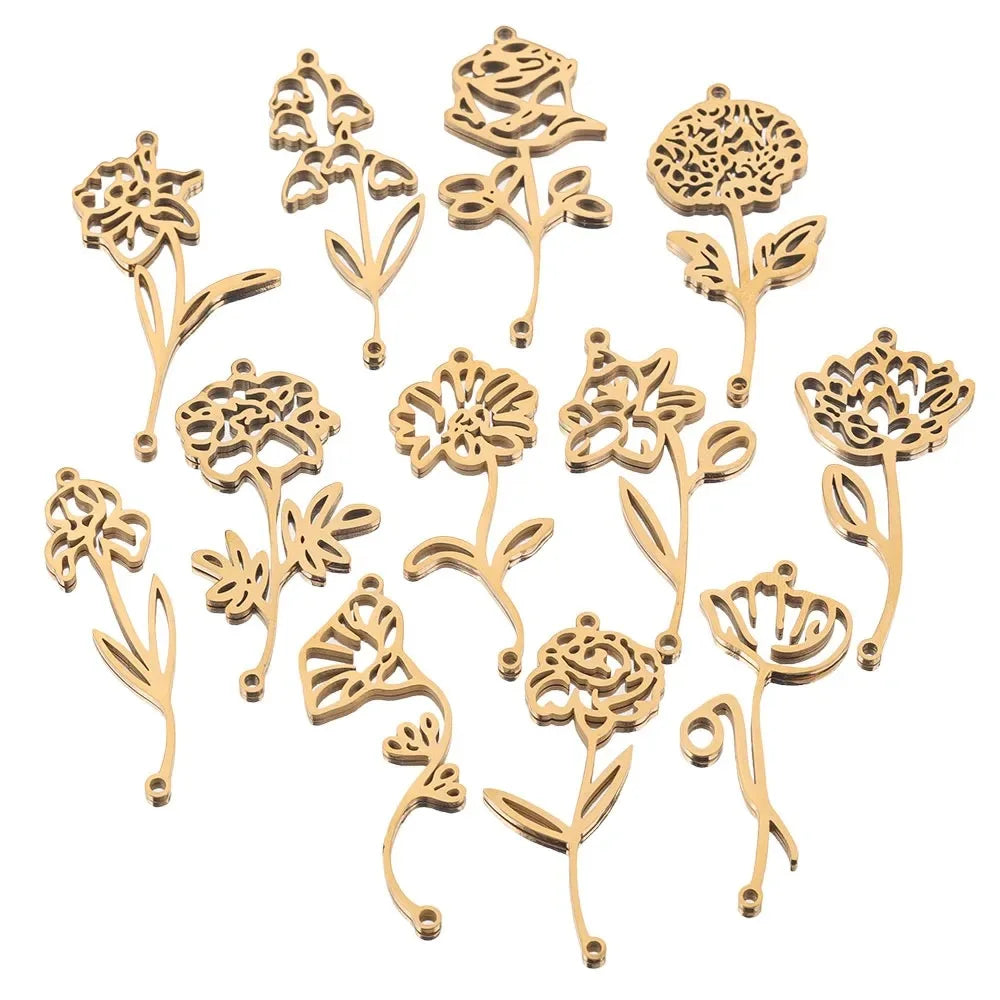 Stainless Steel Pendant Bracelet Necklace Charm Birthday Gift Birth Month Flower Gold Plated Charms for Bracelet