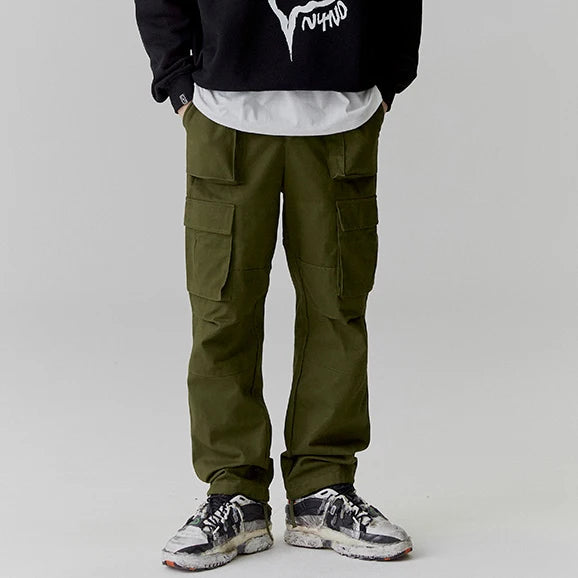 Custom High Quality Jogger Outdoor Streetwear Straight Leg Baggy Canvas Cargo Pants Elastic Multiple Pockets Plain Dyed Mid