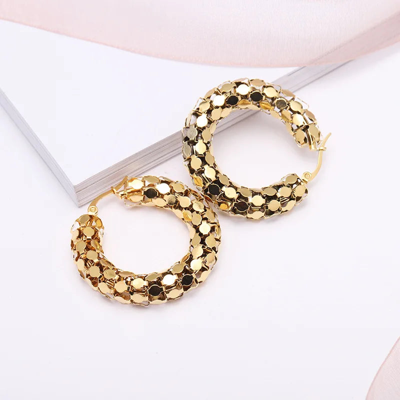 New 18K Gold Round Circle Stainless Steel Earrings Thick Art Circle Hollow Hoop Earrings for Women 2025