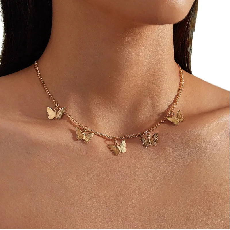 Gold Plated Tassel Tiny Butterfly Choker Necklace for Women Fashionable Trendy Link Chain for Party Gift