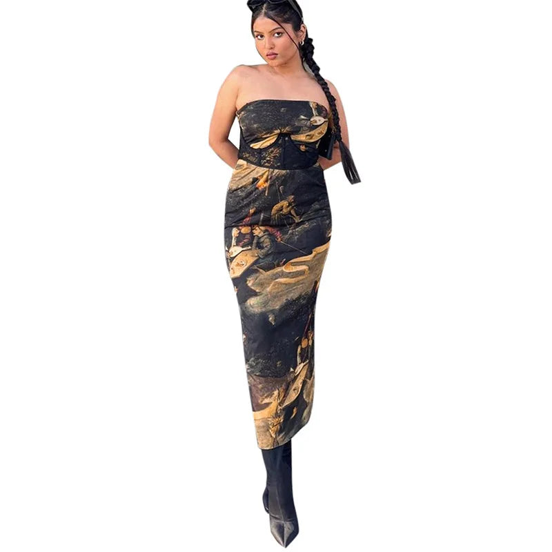 European and American Women's Summer Sexy Strapless Printed Sling Dress Slim Fit Long Skirt