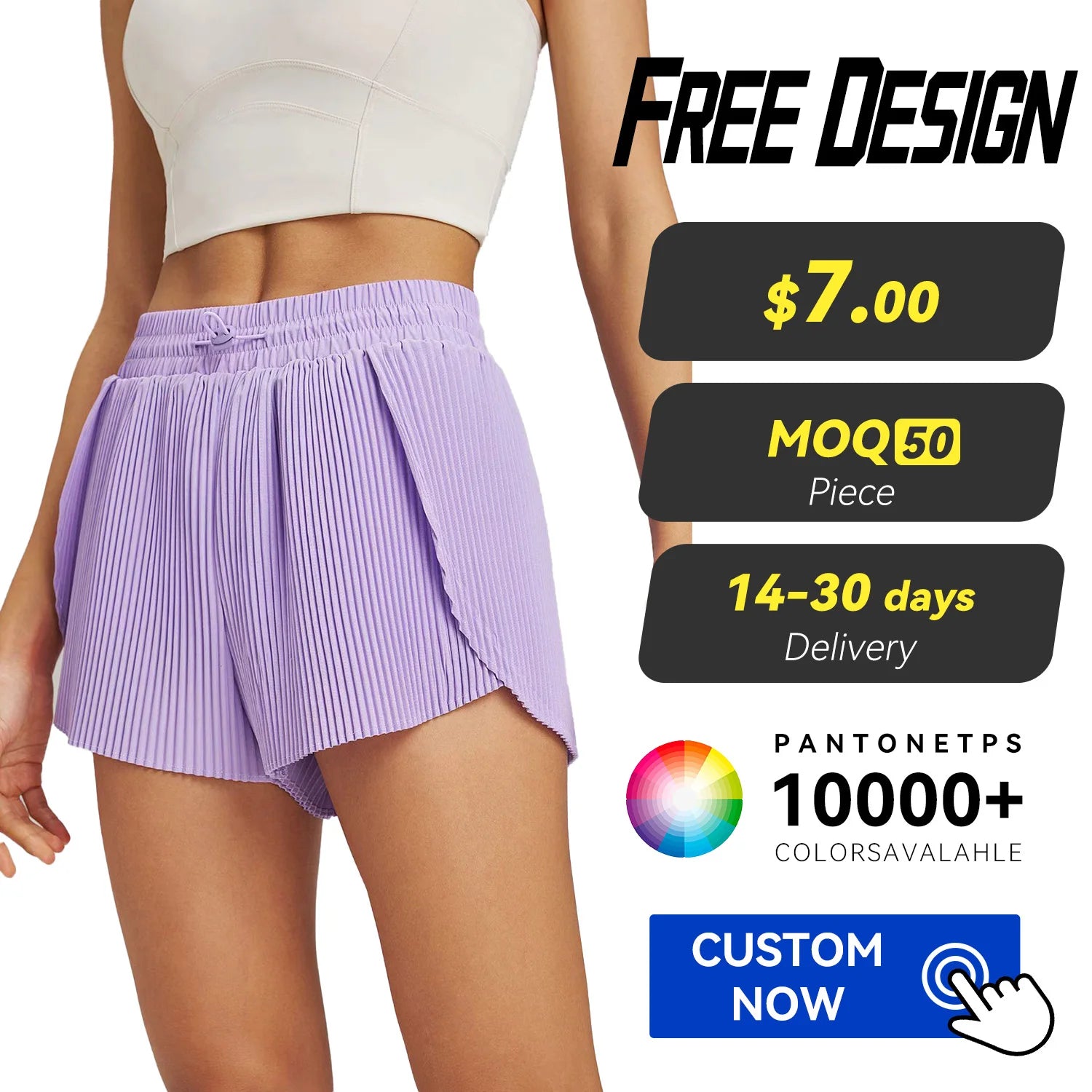 Custom Logo Women's Pleated Quick Dry Yoga Shorts Anti-exposure Solid Color Breathable A- Line Sports Fitness Shorts with Pocket
