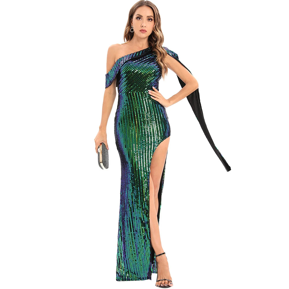 Latest Design Solid Color One Shoulder Shining Sequin Women Long Elegant Evening Gown Dress