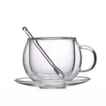 Double-layer clear Glass Coffee Mug with Handle Glass Plate and Glass Spoon