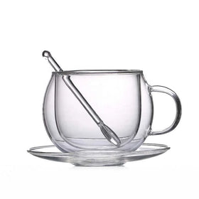 Double-layer clear Glass Coffee Mug with Handle Glass Plate and Glass Spoon