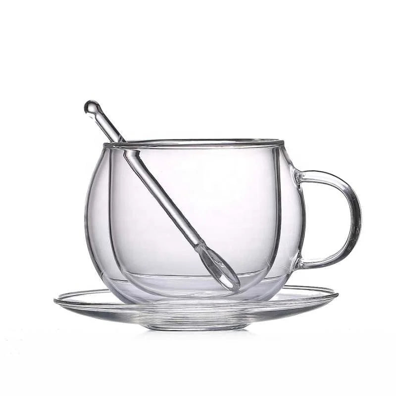 Double-layer clear Glass Coffee Mug with Handle Glass Plate and Glass Spoon