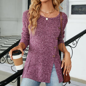 2023 Women's Autumn and Winter New Round Neck Button Split Loose Long Sleeve T-shirt Top