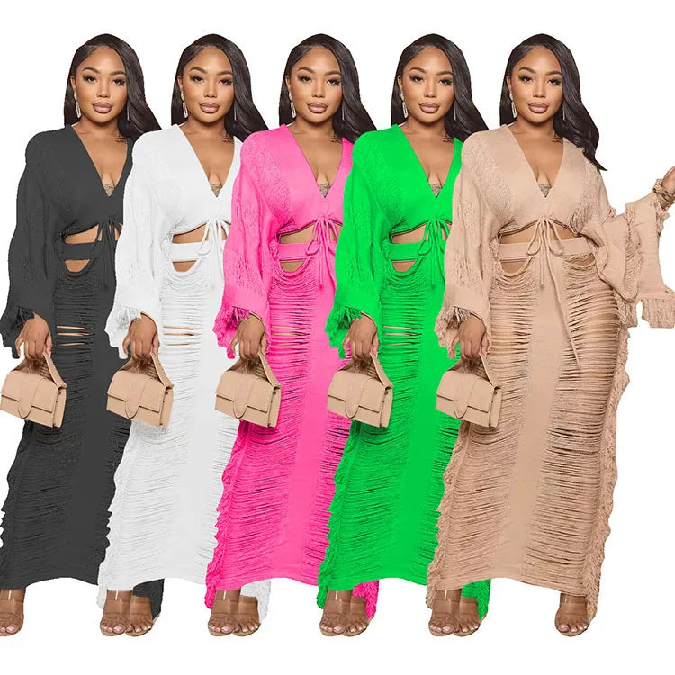 New Fashion Ladies Casual Knit Hollow Sexy Long Sleeve Dress Set