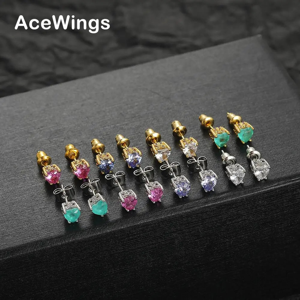 E078 Women's Gold/Silver Plated Heart Shape Cubic Zircon Stud Earrings Multicolor Trendy Anniversary Gift
