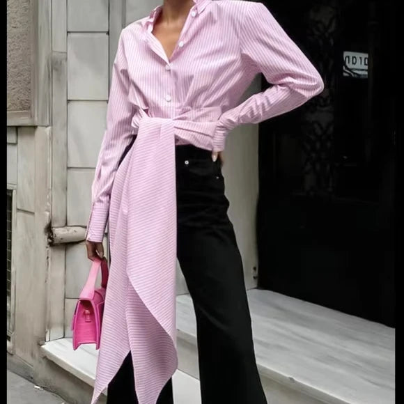 Enyami Fashion Pink Blue Long Sieeve Loose Shirts Streetwear Striped Shirts Poplin Wrap Casual Streetwear Women Blouse with Belt