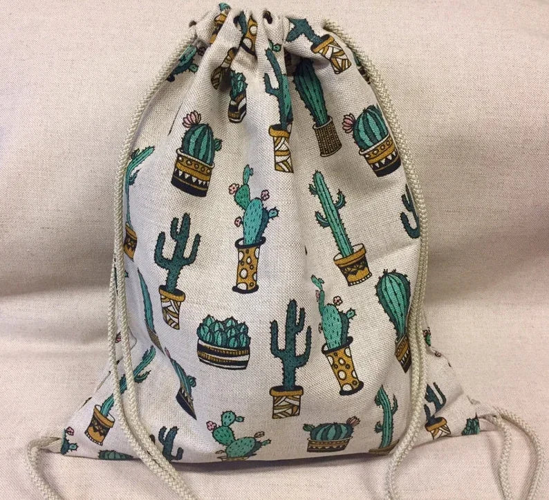 Eco-Friendly Reusable Jute Drawstring Backpack Durable Linen Shoulder Bag with Cactus Plant Print Recyclable Feature