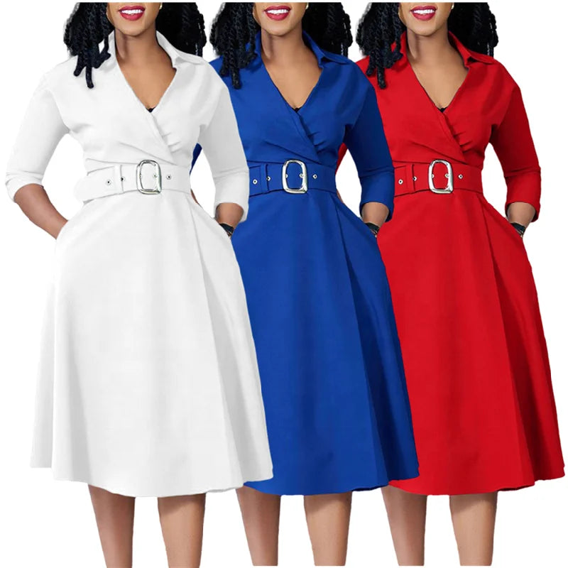 D478 Latest Design Blazer Dress for Ladies Office Dresses V-Neck Three Quarter Sleeve A-line Elegant Casual Dress With Belt
