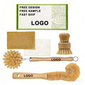 Custom Logo Bamboo Dish Brush Set Bamboo Kitchen Cleaning Brush Set With Compostable Pulp Sponges for Kitchen Cleaning