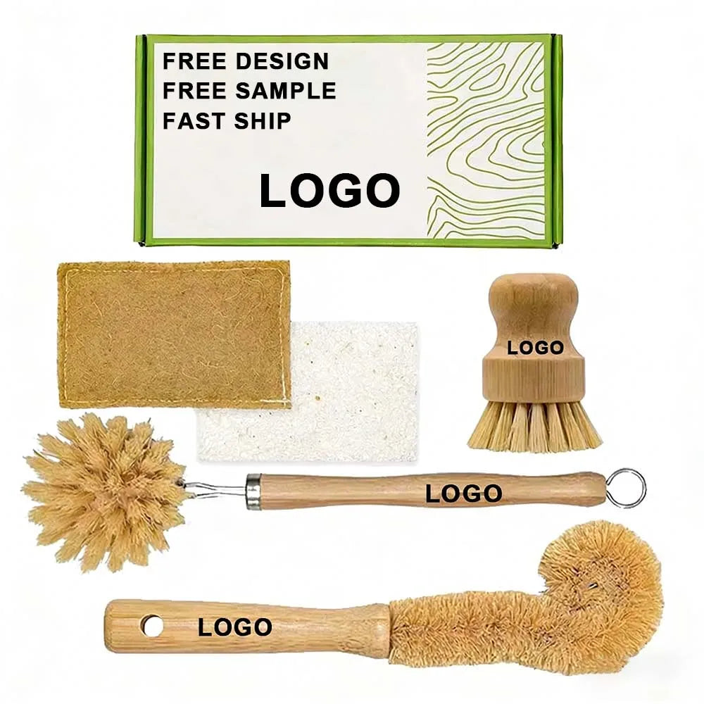 Custom Logo Bamboo Dish Brush Set Bamboo Kitchen Cleaning Brush Set With Compostable Pulp Sponges for Kitchen Cleaning