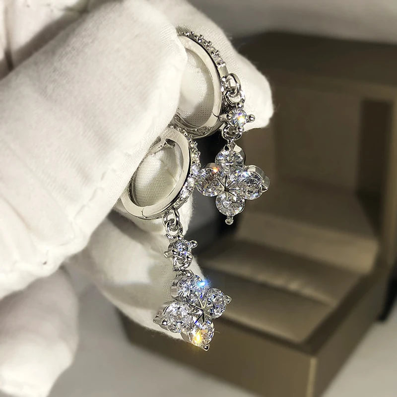 Huitan Romantic Sweet Girls Shiny Flower Drop Earrings Silver Glitter Zircon Beautiful Lovely Flower Earrings Women
