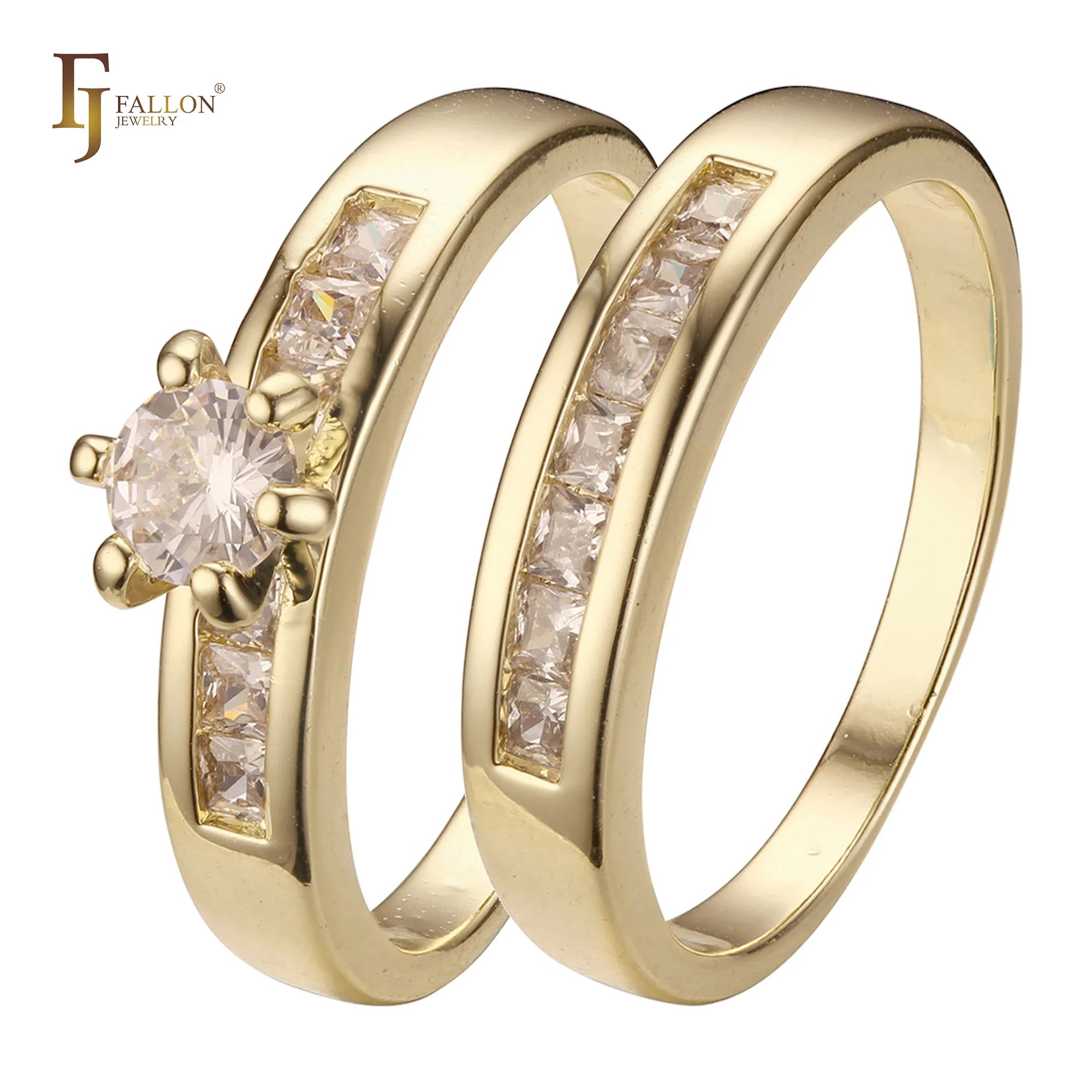 FJ Fallon Fashion Jewelry Cluster White CZs Wedding Set Rings Plated in 14K Gold Brass Based