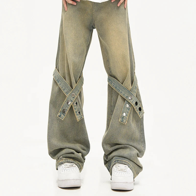 LILUO Men's High Street Made Old Style Ligament Washed Pants Jeans Baggy High Waist Wide Leg Denims Jean