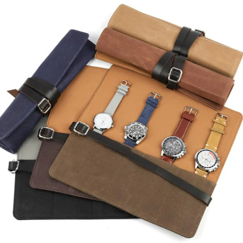 Four Grid Wet Wax Canvas Travel Jewelry Watch Roll Bag Pouch Mechanical Wrist Watch Men Organizer