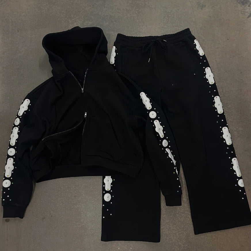 OEM Clothing Manufacturers Custom French Terry Zipper Rhinestone Hoodie and Sweatpants Set Sweat Suit Tracksuit Men