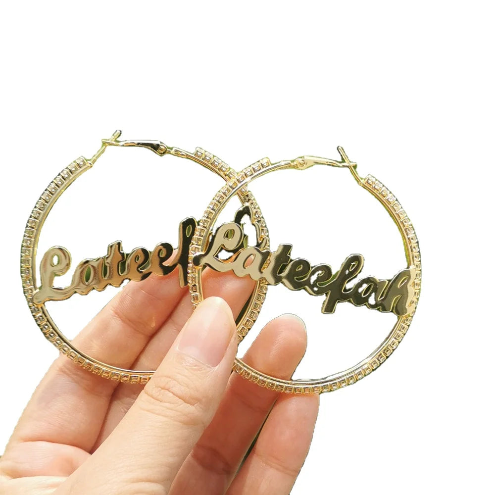 Gold Stainless Steel Hip Hop Sexy Custom Women Name Plate Zircon Wholesale 14k Customized Name Hoop Name Earrings