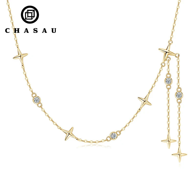 New Design Women's 925 Sterling Silver 2.5mm 0.06ct Moissanite Star-shaped Fringe Floss Necklace Fashion Collar Chain