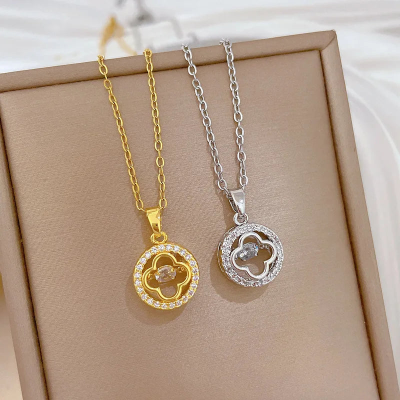 Collar De Acero Inoxidable 18k Gold Plated Stainless Steel Necklace Luxury Sparkling Zircon Clover Charm Necklace for Women