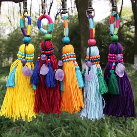 Handmade Colorful Yarn Tassels Bulk Ornament With Raw Healing Amethyst Crystal Stone for Bag Decoration