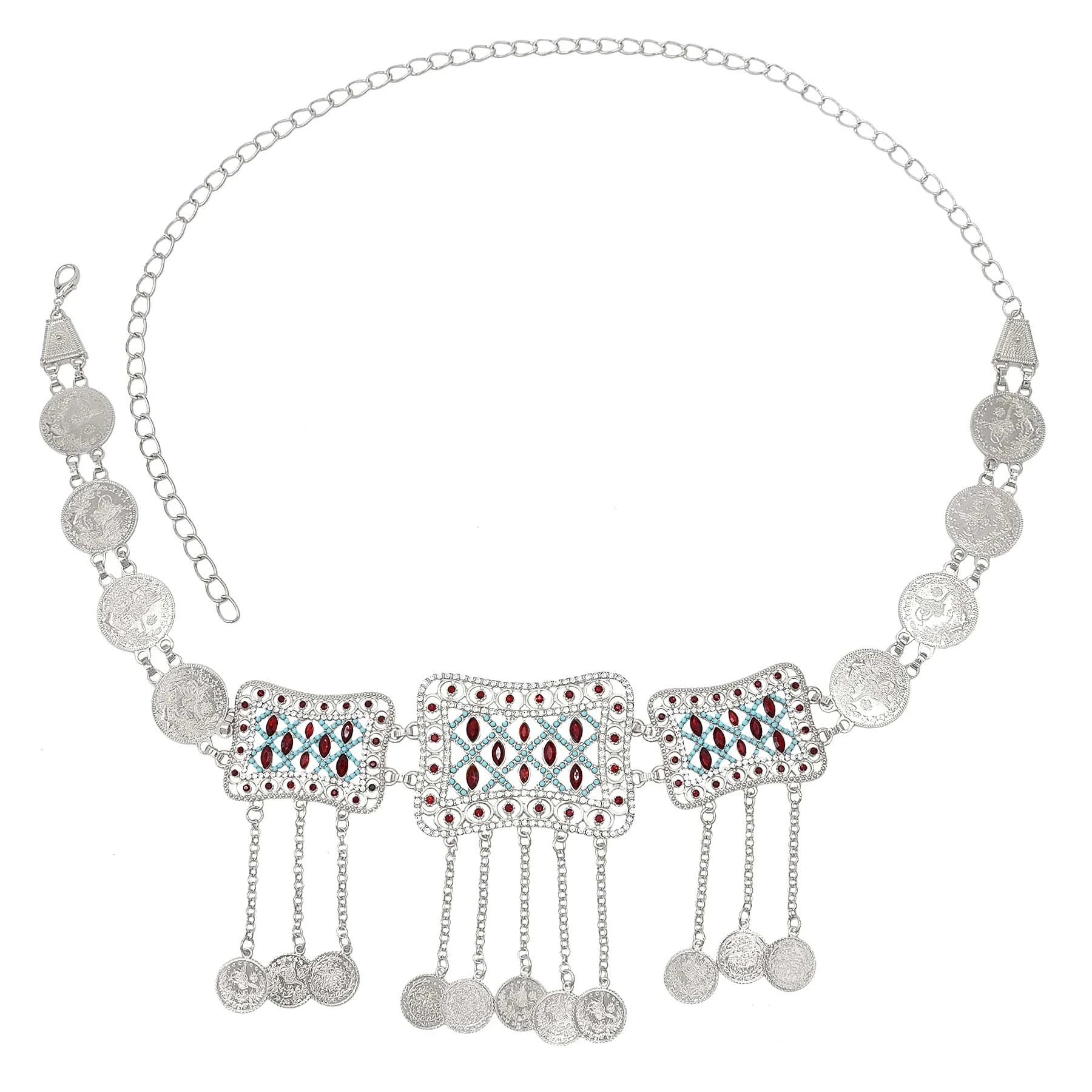 Egyptian Crystal Carved Pattern Waist Belly Chains Long Tassel Coins Dancing Beach Belt Statement Body Chain  India Ethnic Boho