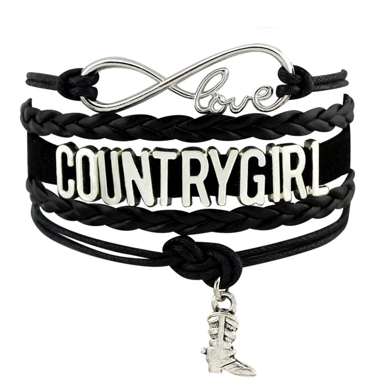 Infinity Love Country Girl Boy Country Soul Boots Music Hat Charm Bracelets Leather Women's Fashion Jewelry Bracelets for Women