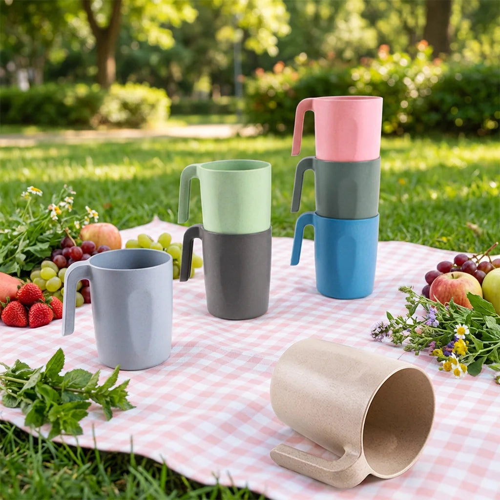 Factory Wholesale Customized Color Stackable Plastic Beer Cup with Handle Composed of PP Wheat Straw Material Tea Cups & Saucers