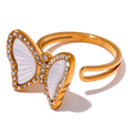 JINYOU 2826 Exquisite Natural Shell CZ Stainless Steel Butterfly Ring Inlaid Cubic Zirconia Gold Fashion Jewelry Accessories