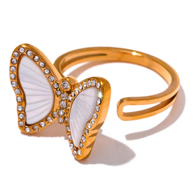 JINYOU 2826 Exquisite Natural Shell CZ Stainless Steel Butterfly Ring Inlaid Cubic Zirconia Gold Fashion Jewelry Accessories
