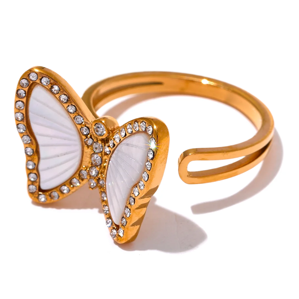 JINYOU 2826 Exquisite Natural Shell CZ Stainless Steel Butterfly Ring Inlaid Cubic Zirconia Gold Fashion Jewelry Accessories