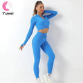 Women's Seamless for Tik Tok Workout Set Solid Pattern 2-Piece Yoga Gear Long Sleeve Crop Tops Zipper Ribbed High Waist Leggings