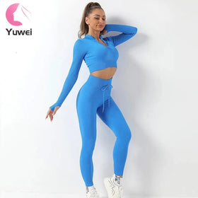 Women's Seamless for Tik Tok Workout Set Solid Pattern 2-Piece Yoga Gear Long Sleeve Crop Tops Zipper Ribbed High Waist Leggings