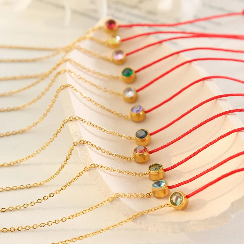 Fashionable Simple Red Rope Bracelet Exquisite Stainless Steel Gilded Birthstone Zircon Bracelet Gift for Women Joyas Oro 18k