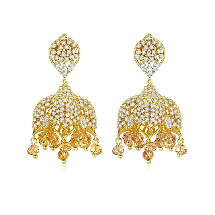 Vintage Indian Jhumki Jhumki Earrings Genuine Gold Plated Brass AAA Zircon with Pearl Wind Chime Jewelry for Women