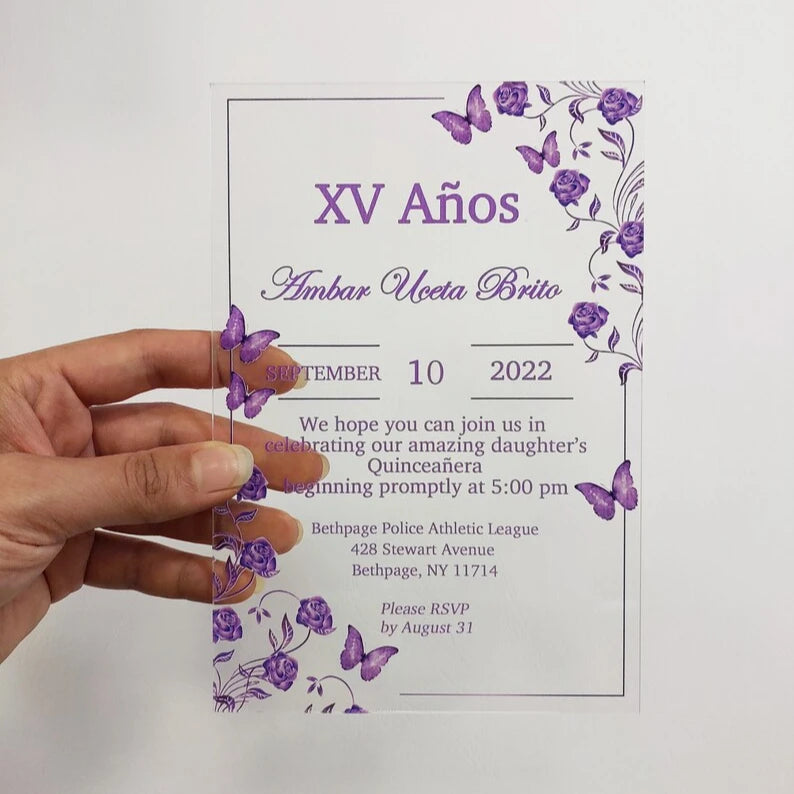 Custom Tea Party Reception Purple Butterfly Flora Flower Shape Glass Acrylic Xv Anos Quinceanera Sweet 16 Invitation
