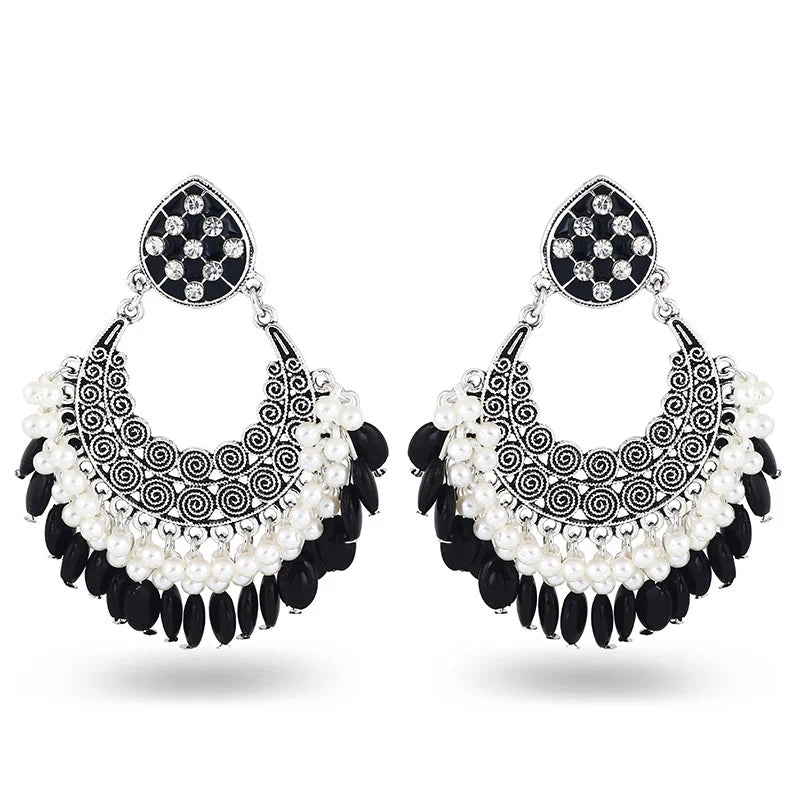 2024 Retro Bohemian Diamond-Studded Ladies Silver Alloy Earrings Jewelry India Jhumka Hollow Earrings Wholesale
