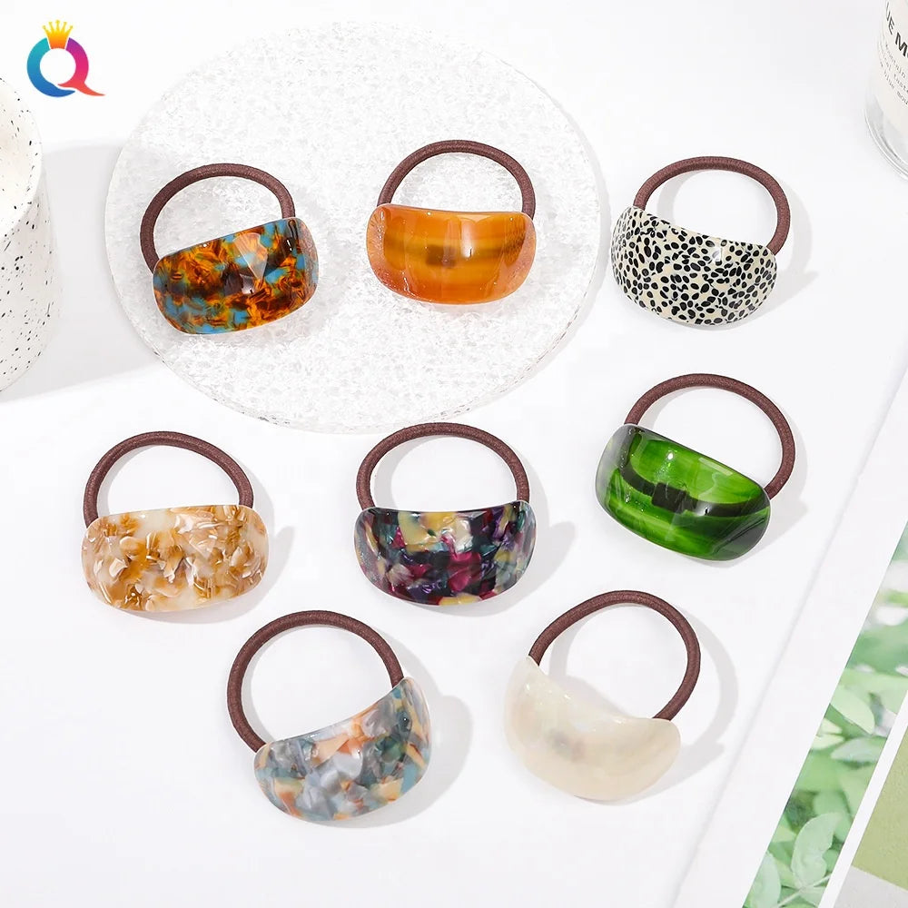 QIYUE Elastic Hair Tie With Acetate Arch Shape Ornament  Hair Ring  Band Ponytail Holder