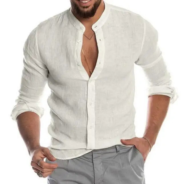 Spring Autumn Men's Solid Color Cotton Linen Standing Neck Cardigan Tops Long Sleeved Loose Fitting Men's Shirt