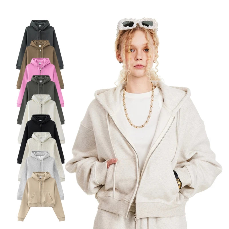 Ladies Autumn Retro Style Hoodie Solid Plain Color Washed Zip up Cropped Style Hoodie Hot Girls Short Zip Hoodie